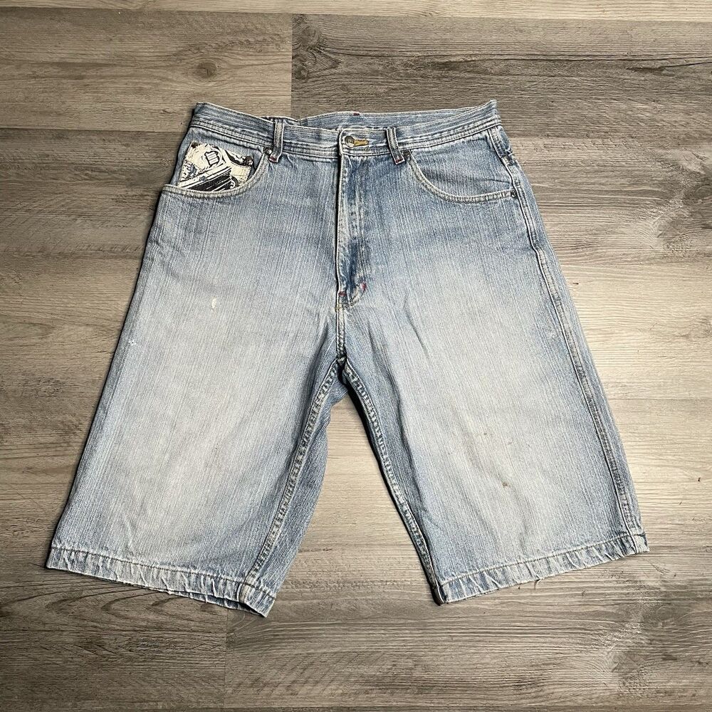 Vintage Rare Johnny Blaze Light Blue Denim Shorts Pockets Logo Embroidered Sz 34
